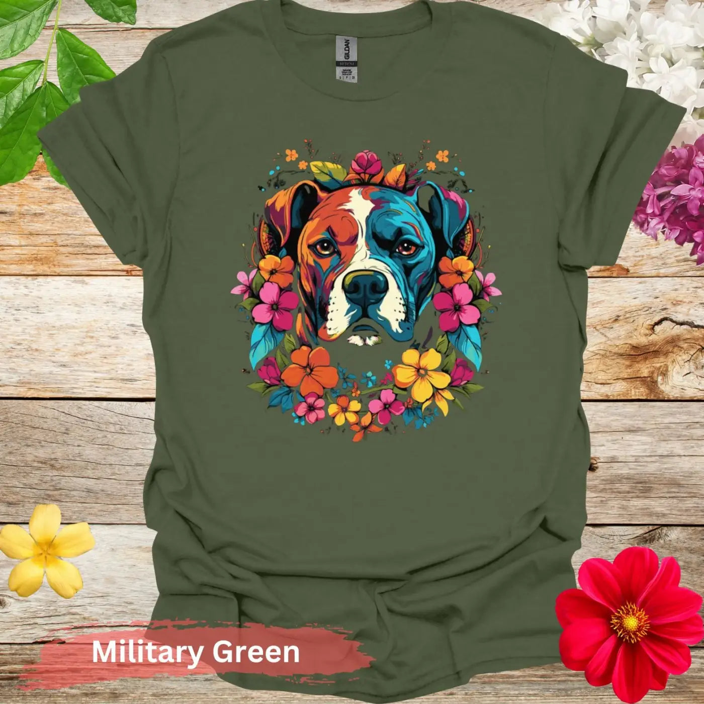 Colorful Dog Floral Graphic T-Shirt - S / Military Green - Physical Item