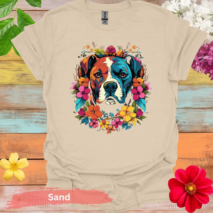 Colorful Dog Floral Graphic T-Shirt - S / Sand - Physical Item