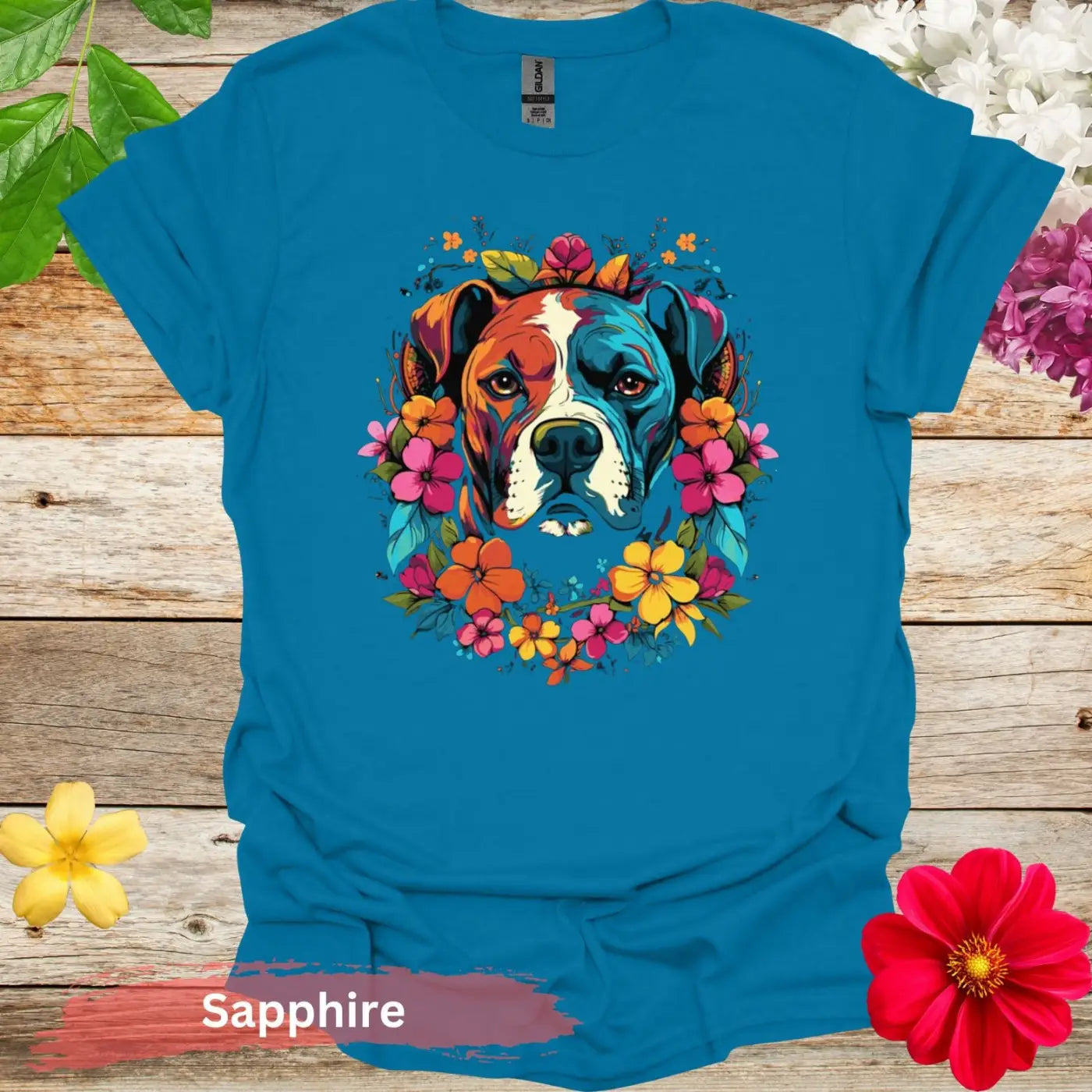 Colorful Dog Floral Graphic T-Shirt - S / Sapphire - Physical Item