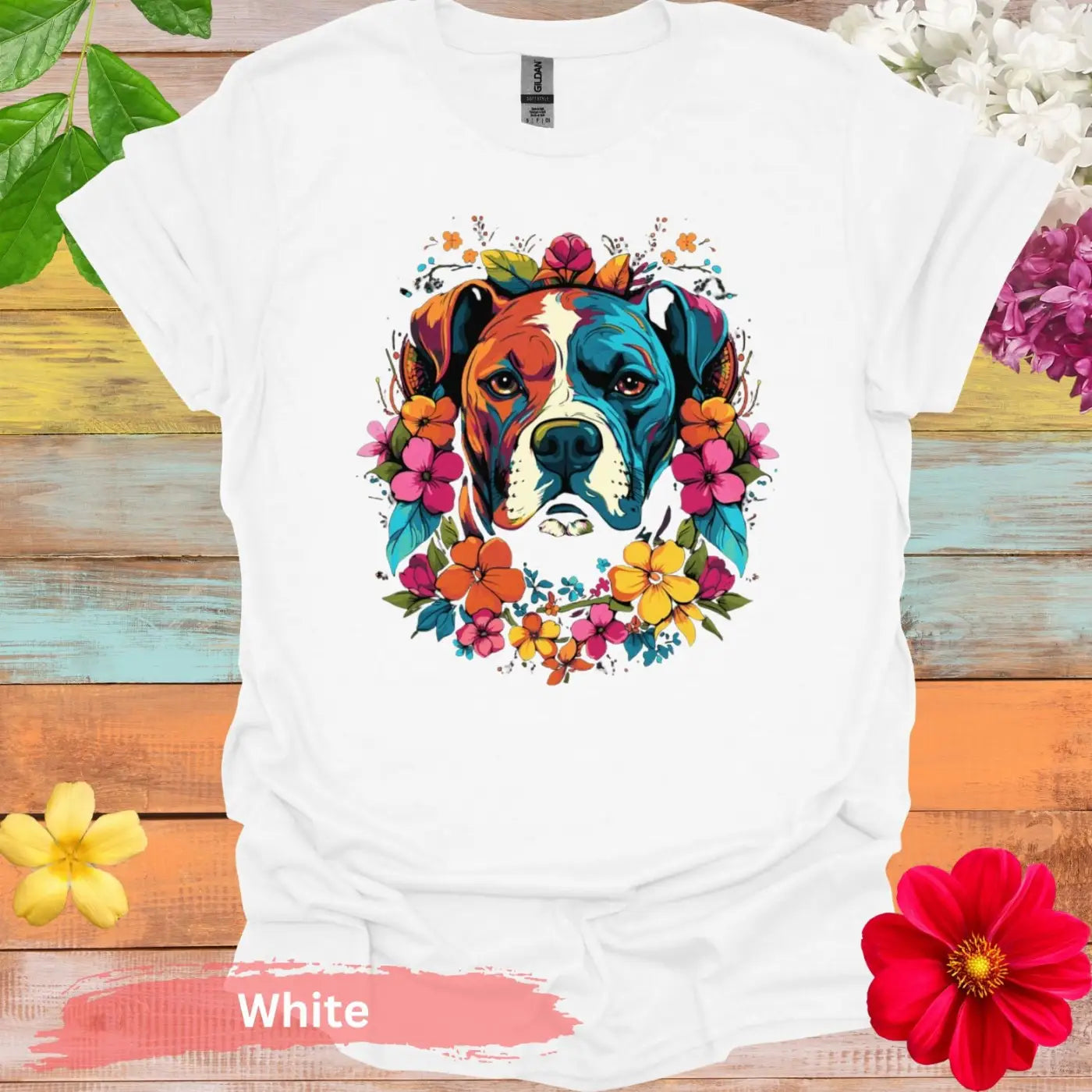 Colorful Dog Floral Graphic T-Shirt - S / White - Physical Item