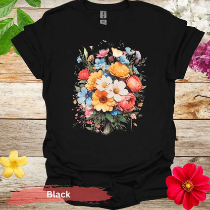 Colorful Floral Bouquet Graphic T-Shirt - S / Black - Physical Item