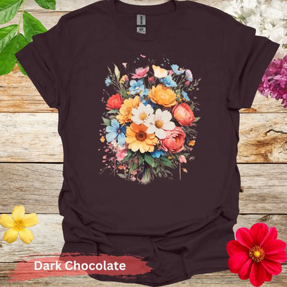 Colorful Floral Bouquet Graphic T-Shirt - S / Dark Chocolate - Physical Item