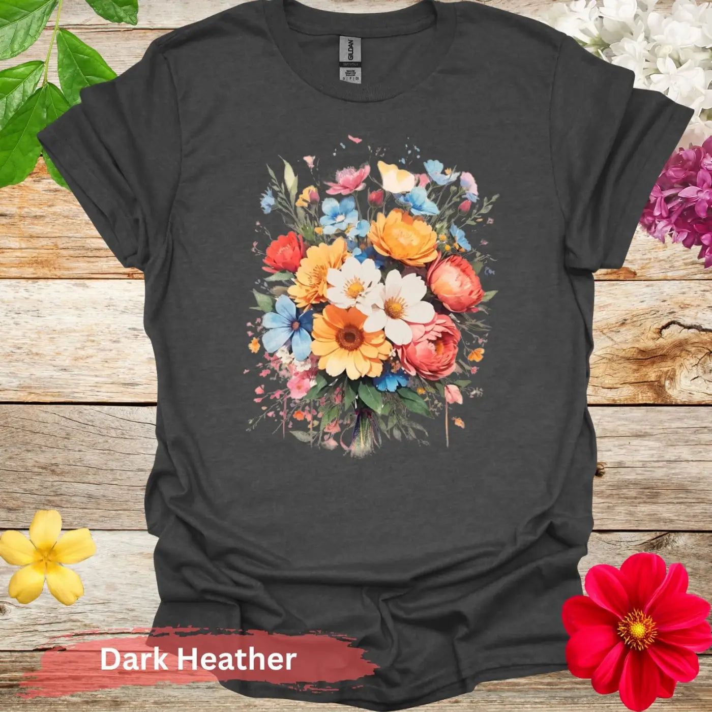 Colorful Floral Bouquet Graphic T-Shirt - S / Dark Heather - Physical Item