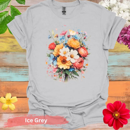 Colorful Floral Bouquet Graphic T-Shirt - S / Ice Grey - Physical Item