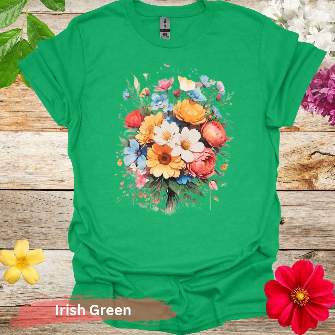 Colorful Floral Bouquet Graphic T-Shirt - S / Irish Green - Physical Item