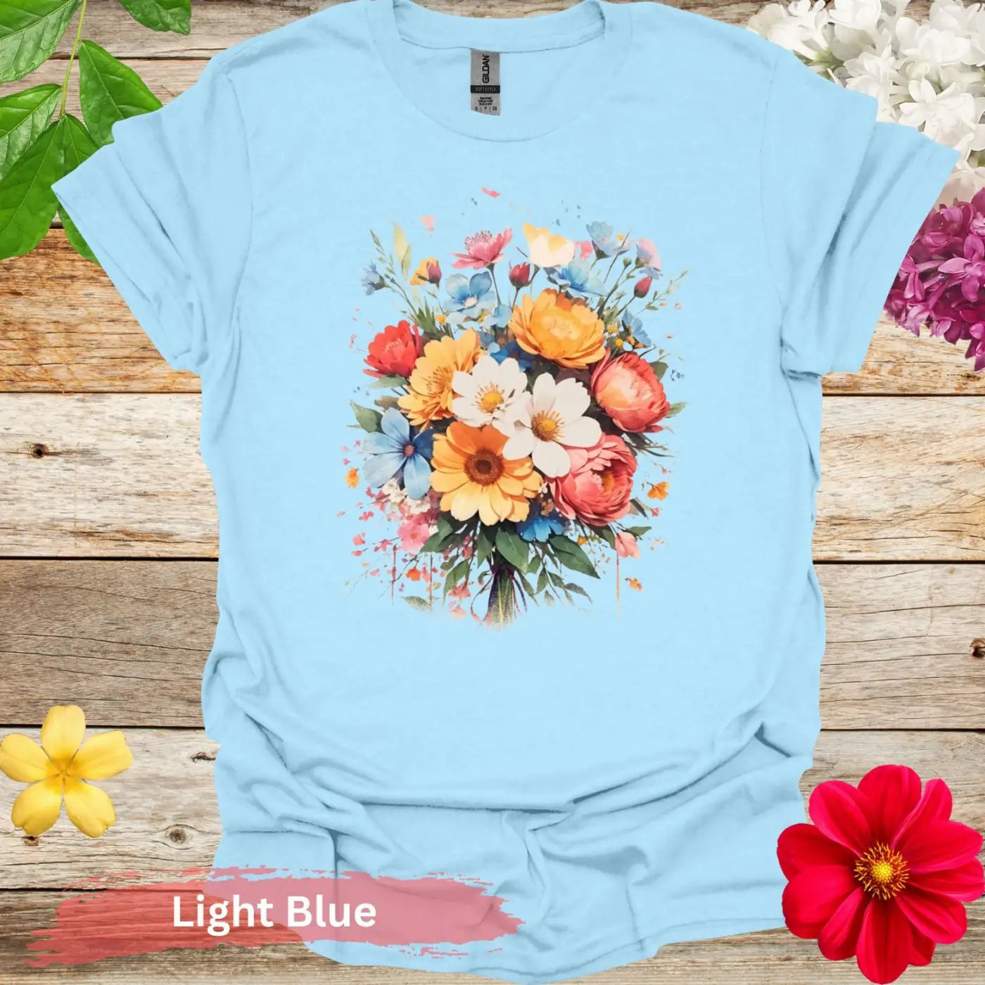 Colorful Floral Bouquet Graphic T-Shirt - S / Light Blue - Physical Item