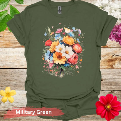 Colorful Floral Bouquet Graphic T-Shirt - S / Military Green - Physical Item