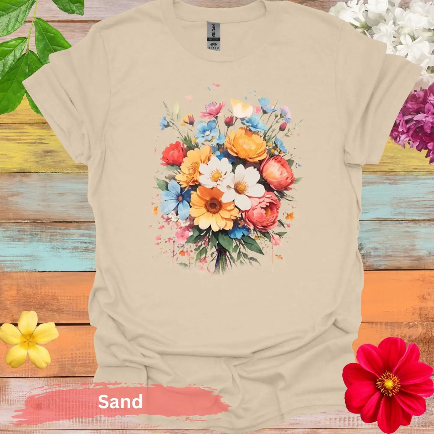 Colorful Floral Bouquet Graphic T-Shirt - S / Sand - Physical Item