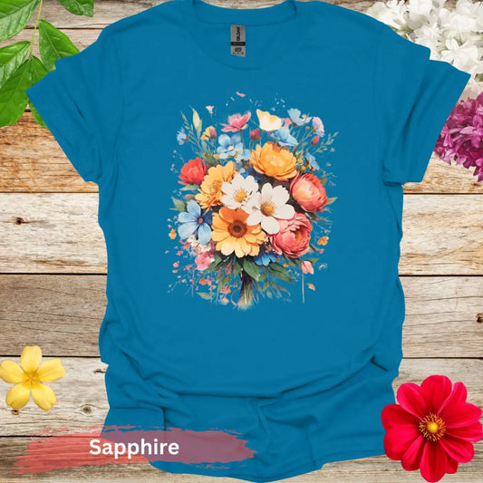 Colorful Floral Bouquet Graphic T-Shirt - S / Sapphire - Physical Item