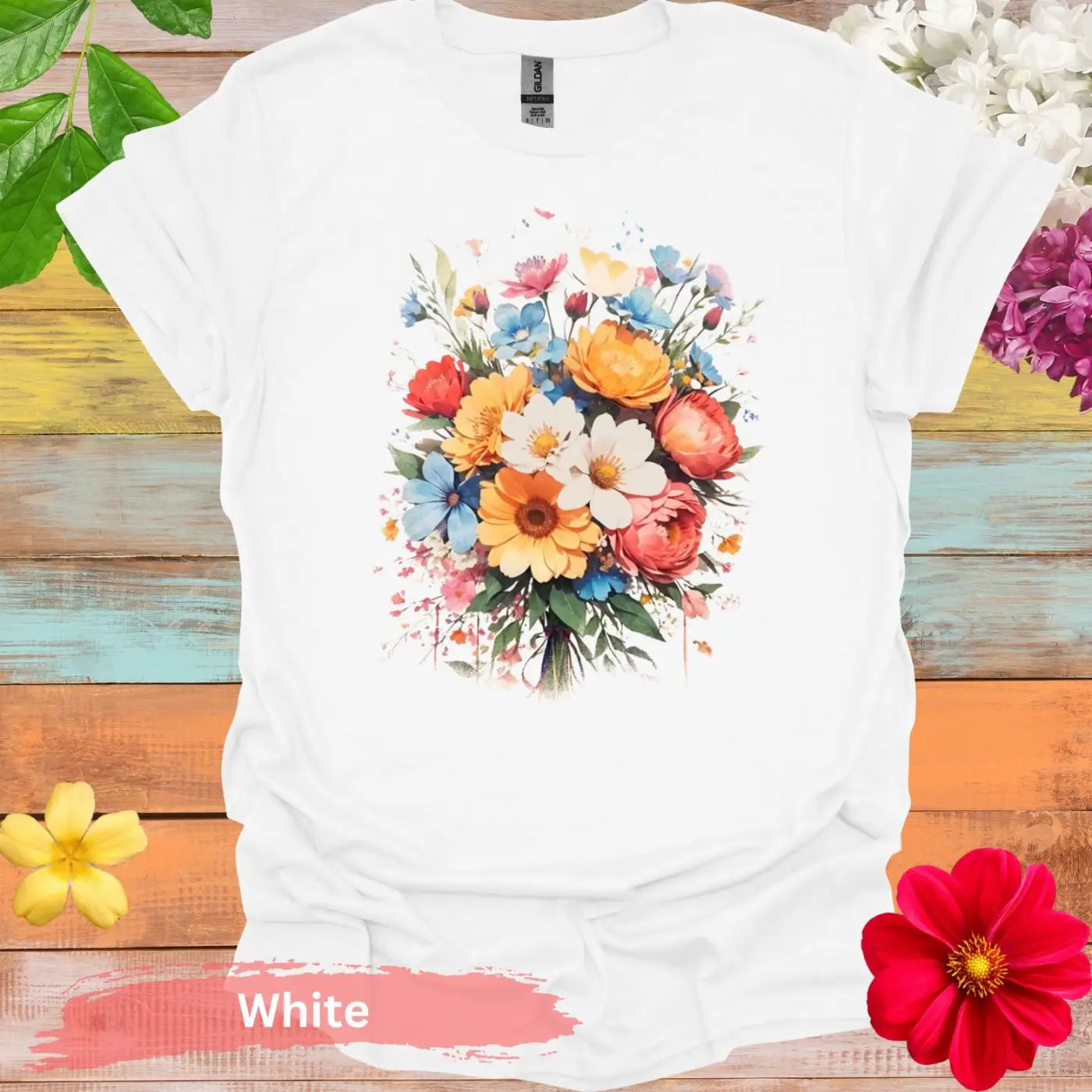 Colorful Floral Bouquet Graphic T-Shirt - S / White - Physical Item