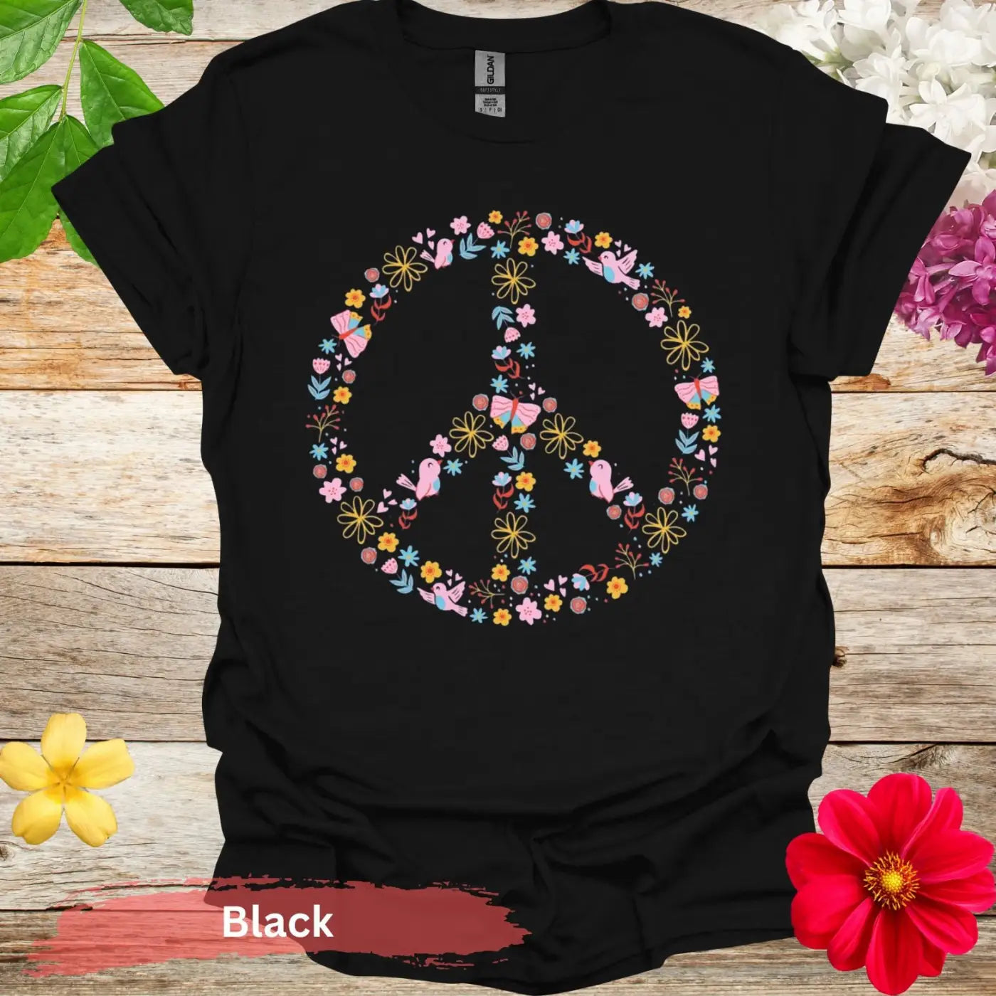 Colorful Floral Peace Symbol Graphic T-Shirt - S / Black - Physical Item