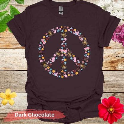 Colorful Floral Peace Symbol Graphic T-Shirt - S / Dark Chocolate - Physical Item