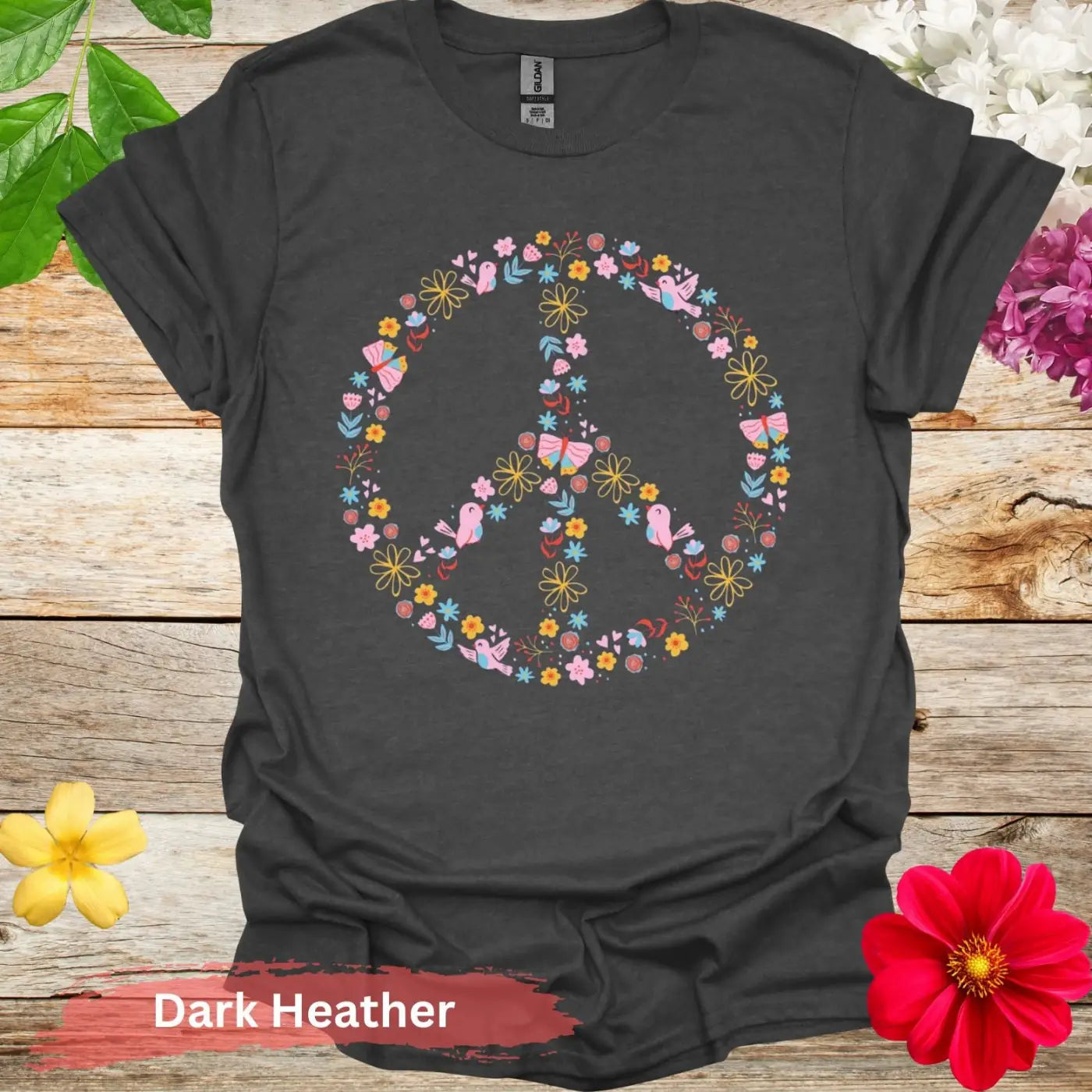 Colorful Floral Peace Symbol Graphic T-Shirt - S / Dark Heather - Physical Item