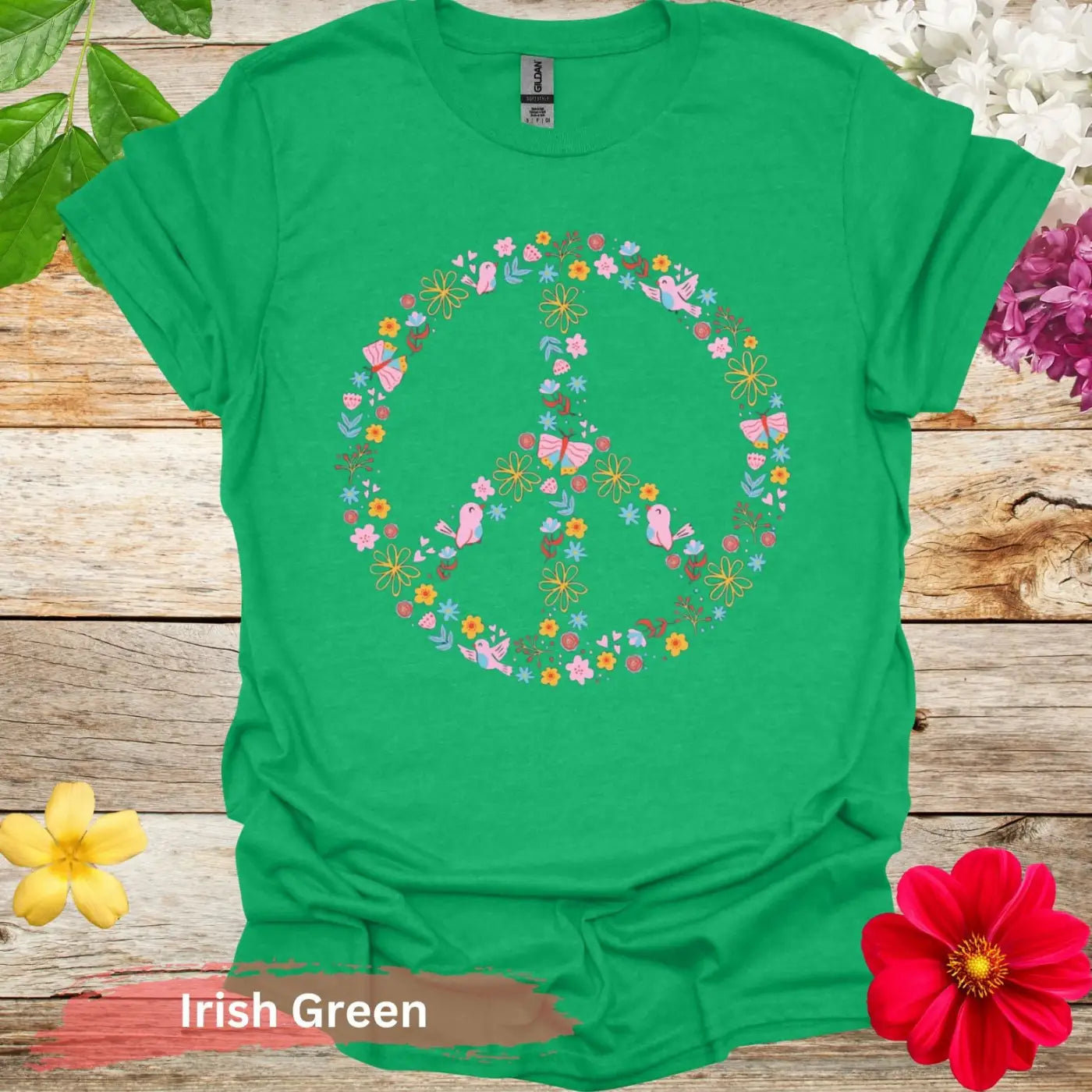 Colorful Floral Peace Symbol Graphic T-Shirt - S / Irish Green - Physical Item