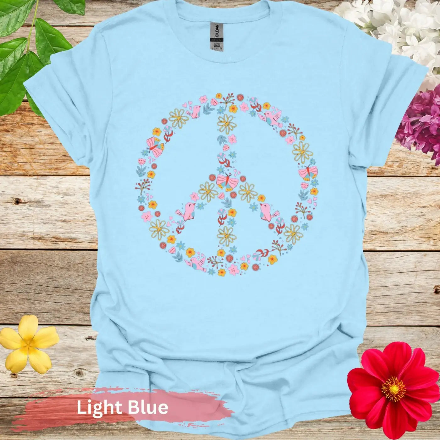 Colorful Floral Peace Symbol Graphic T-Shirt - S / Light Blue - Physical Item