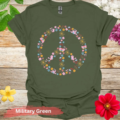 Colorful Floral Peace Symbol Graphic T-Shirt - S / Military Green - Physical Item