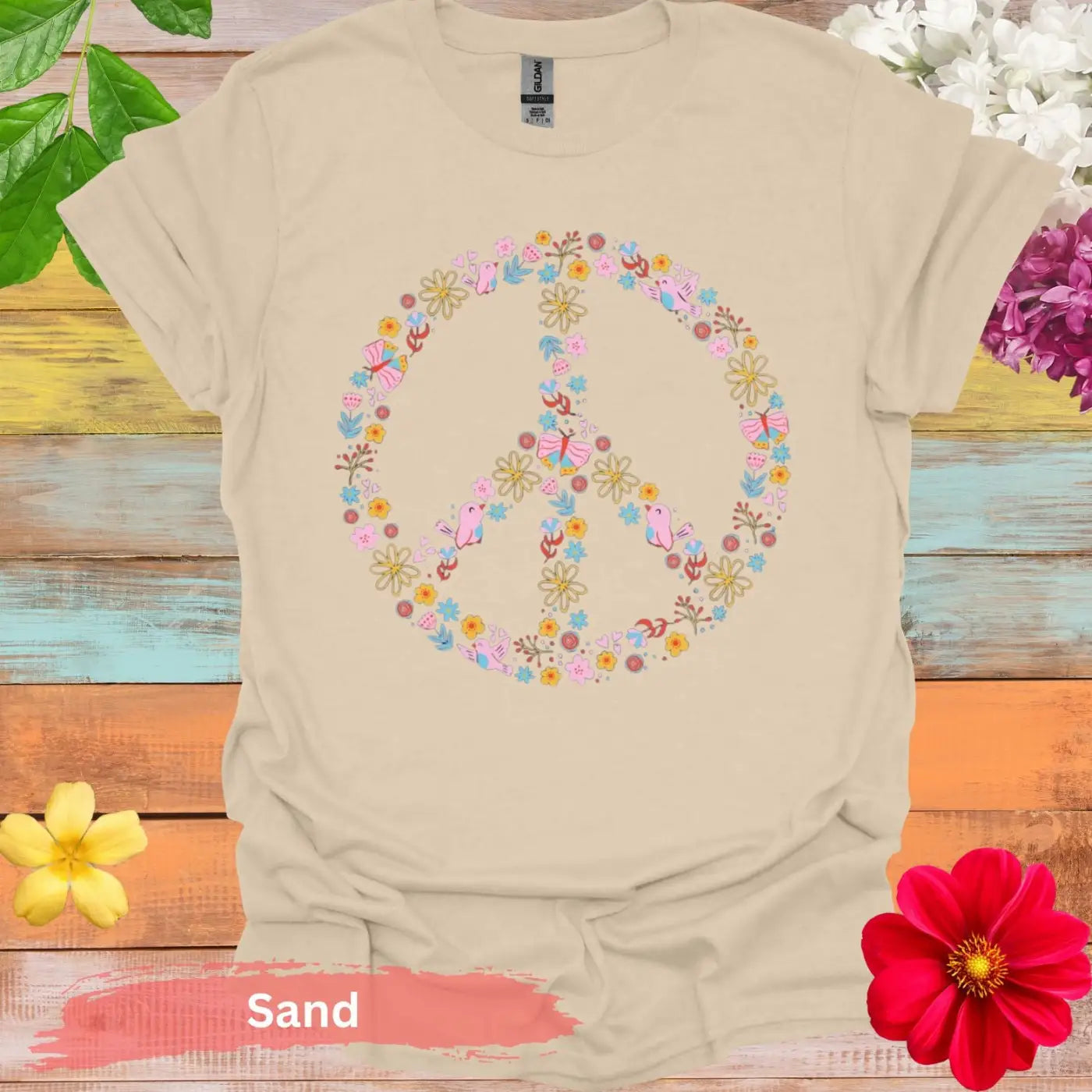 Colorful Floral Peace Symbol Graphic T-Shirt - S / Sand - Physical Item