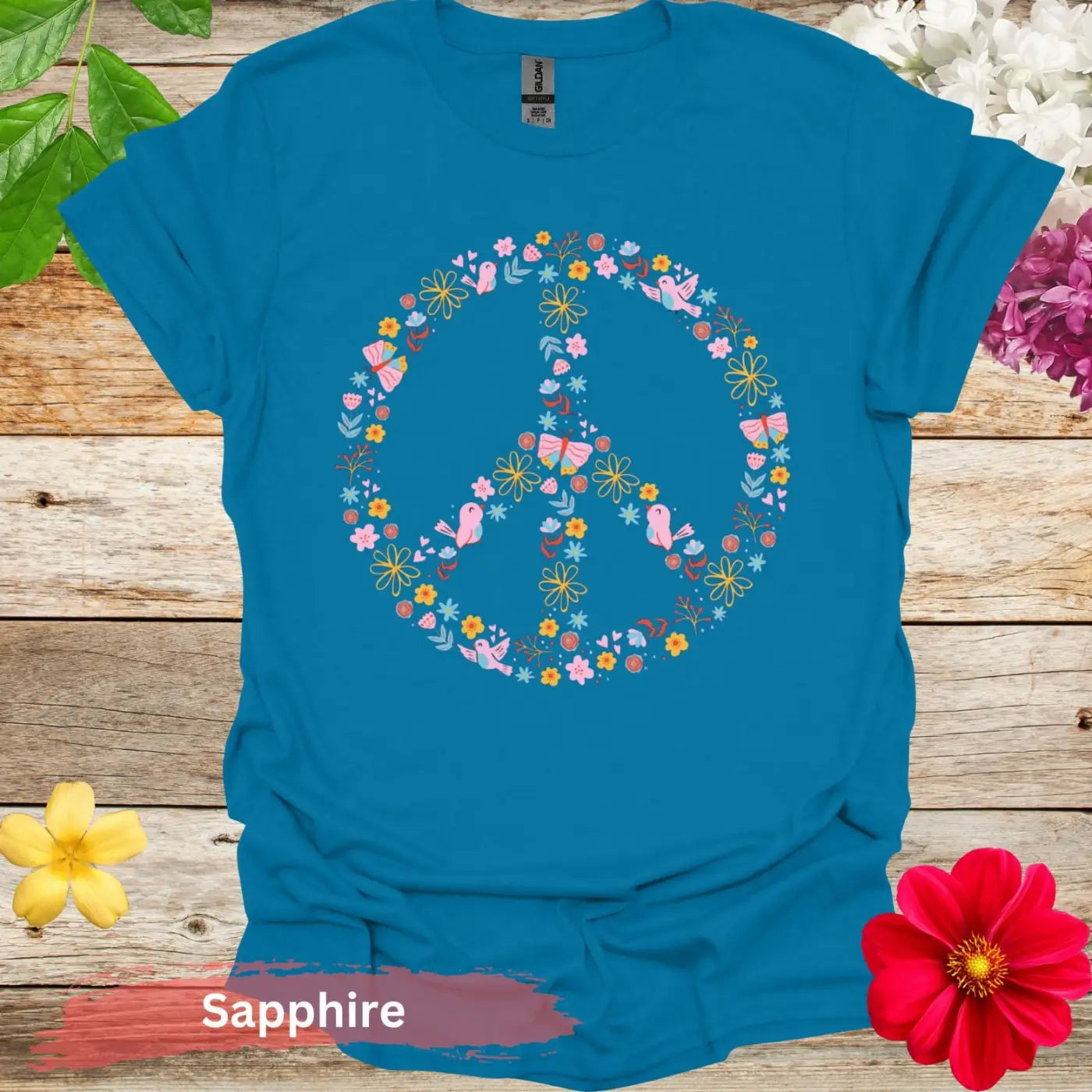 Colorful Floral Peace Symbol Graphic T-Shirt - S / Sapphire - Physical Item