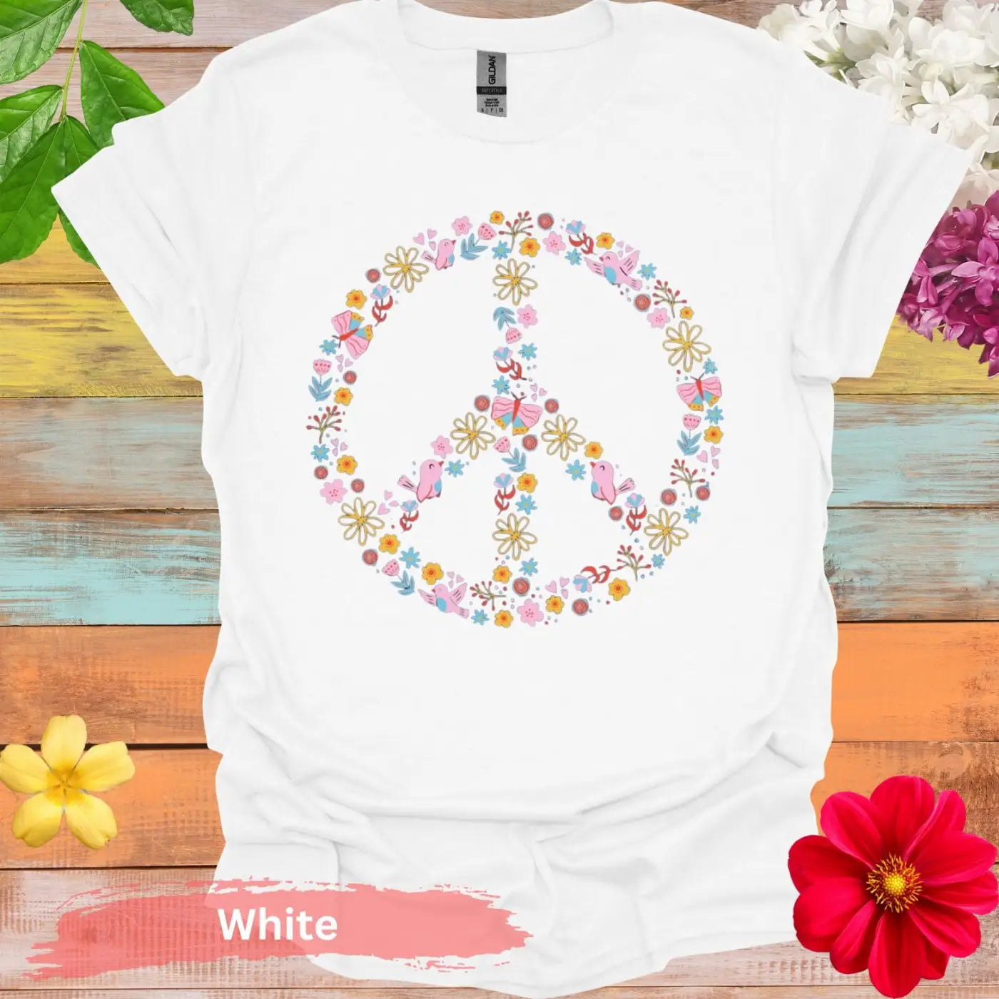 Colorful Floral Peace Symbol Graphic T-Shirt - S / White - Physical Item