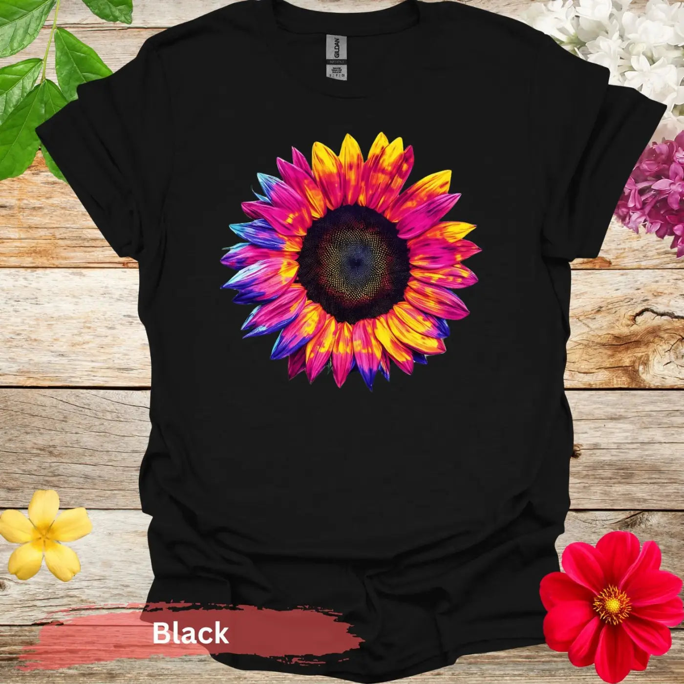 Colorful Sunflower Graphic T-shirt - S / Black - Physical Item