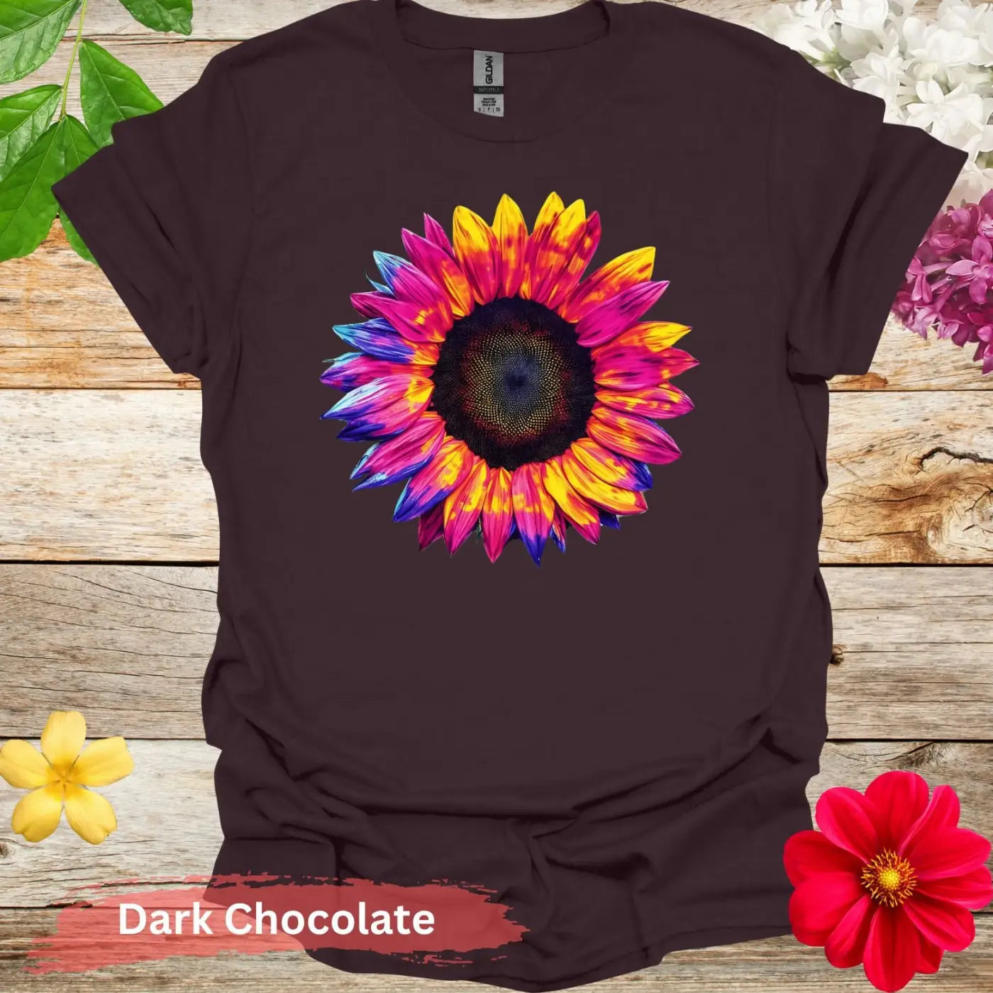 Colorful Sunflower Graphic T-shirt - S / Dark Chocolate - Physical Item