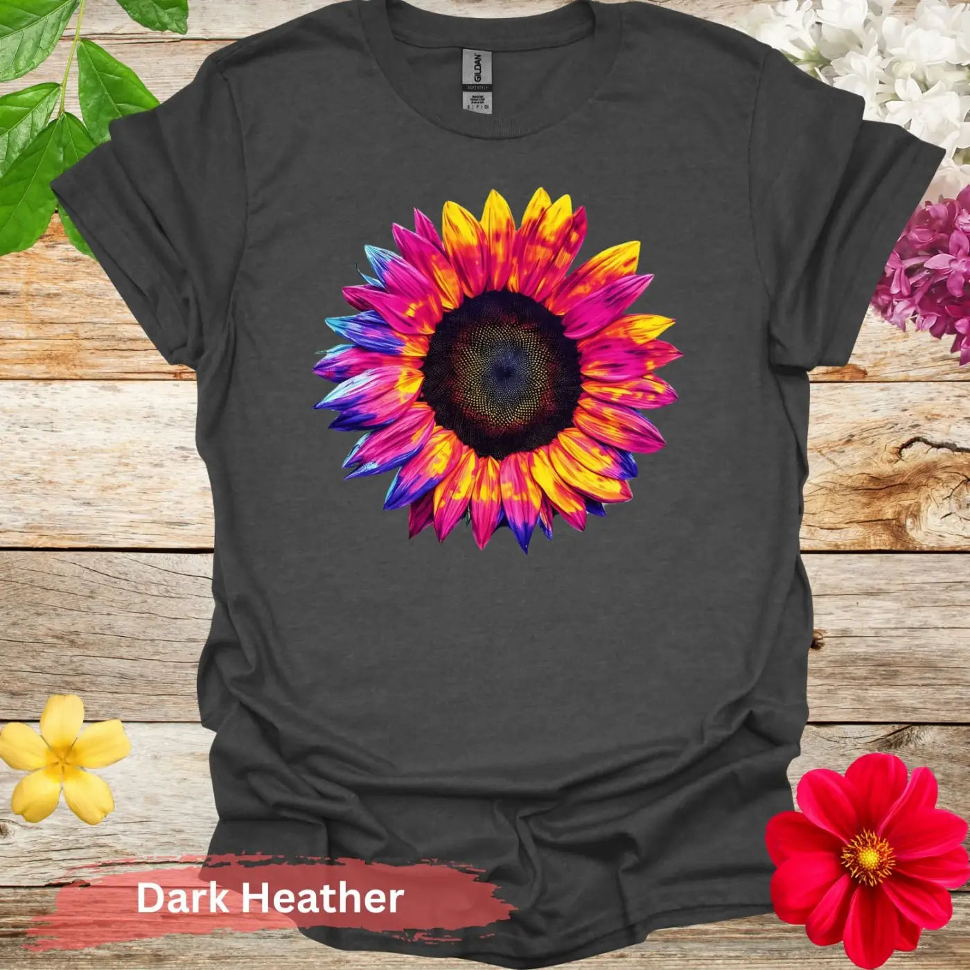 Colorful Sunflower Graphic T-shirt - S / Dark Heather - Physical Item