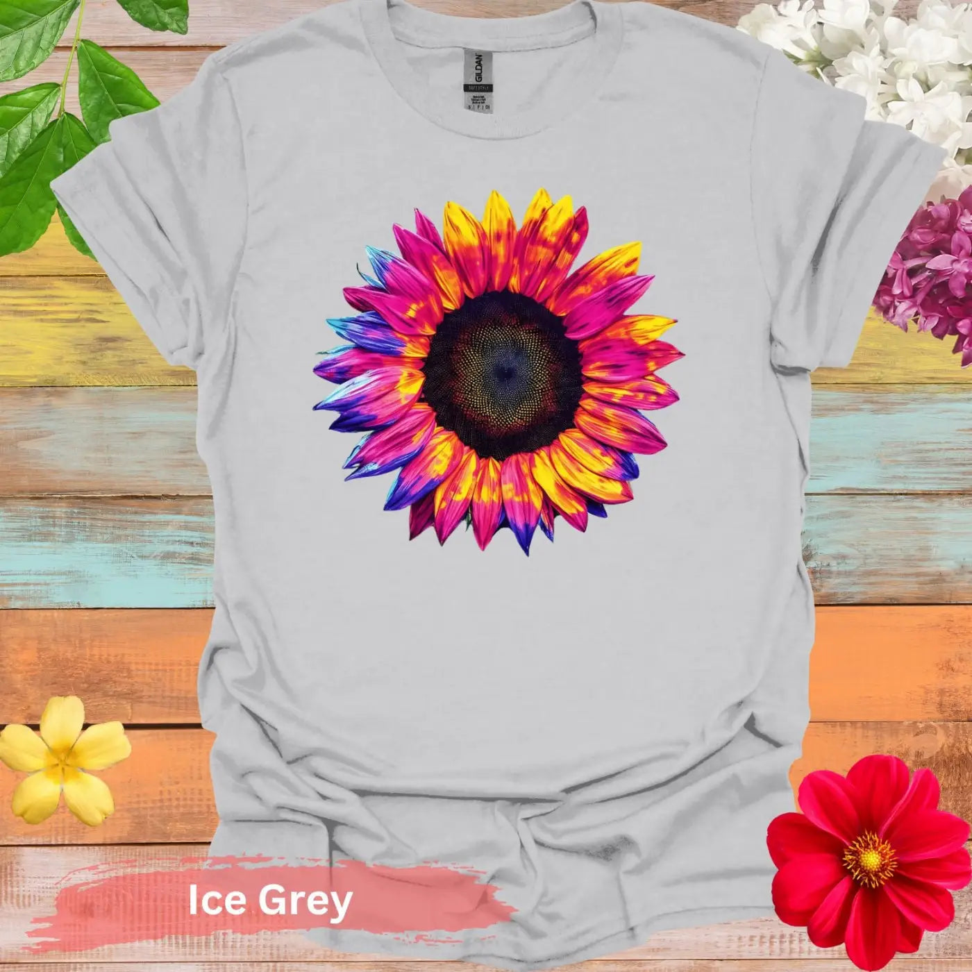 Colorful Sunflower Graphic T-shirt - S / Ice Grey - Physical Item