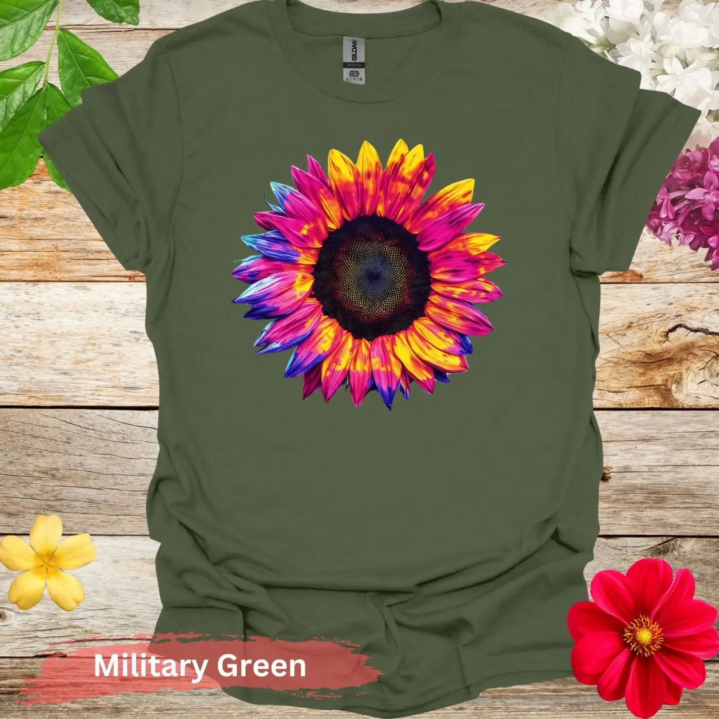 Colorful Sunflower Graphic T-shirt - S / Military Green - Physical Item