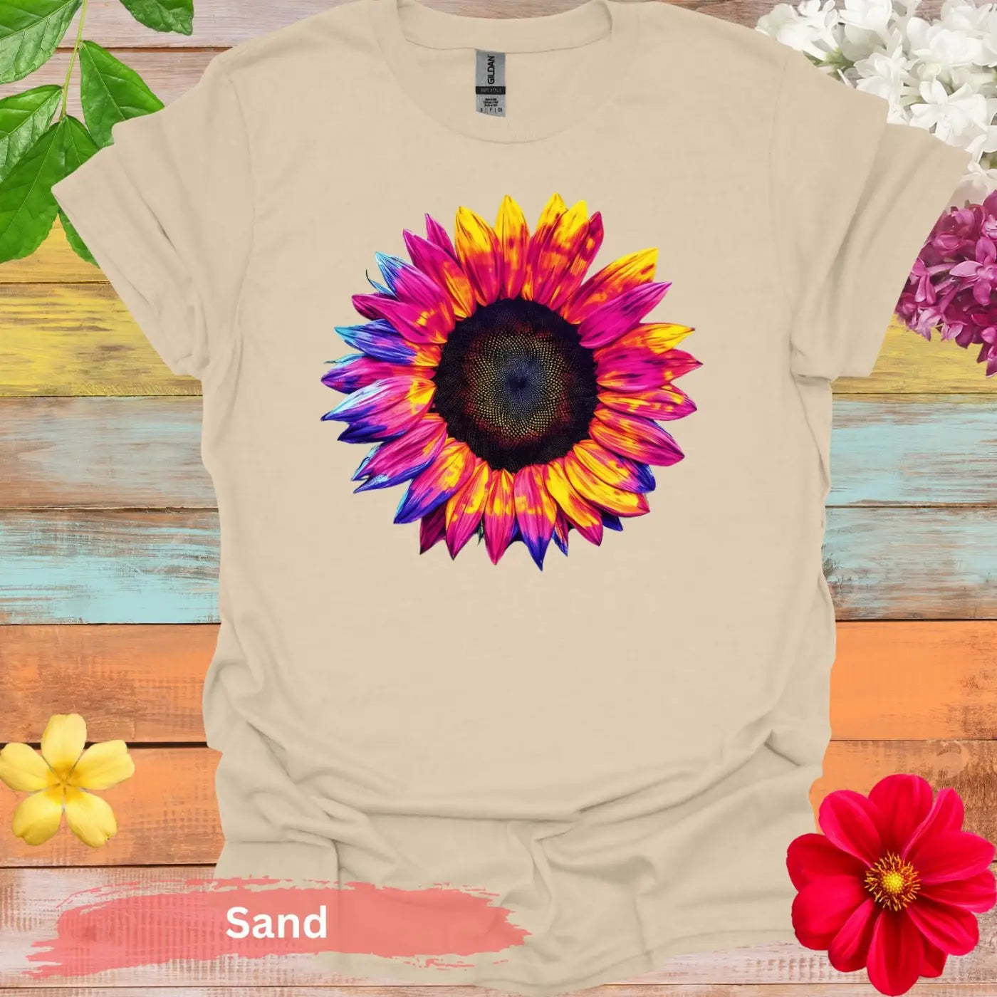 Colorful Sunflower Graphic T-shirt - S / Sand - Physical Item