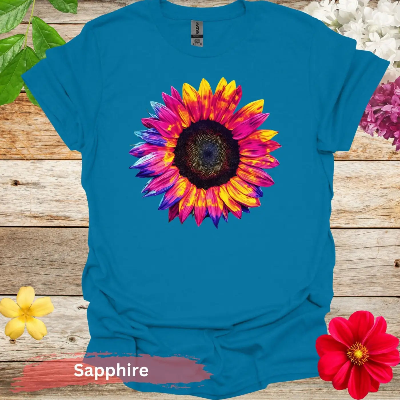 Colorful Sunflower Graphic T-shirt - S / Sapphire - Physical Item