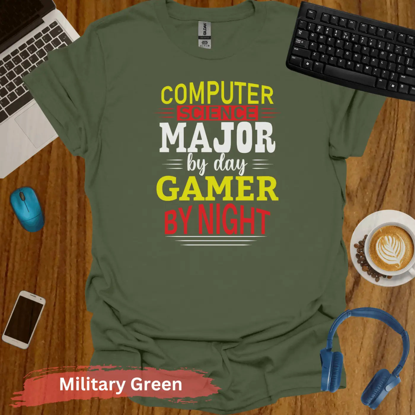 Computer Science major by day Gamer By Night T-Shirt - S / Military Green - Physical Item