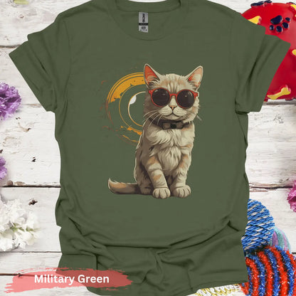 Cat Solar Eclipse T-shirt - S / Military Green - Physical Item