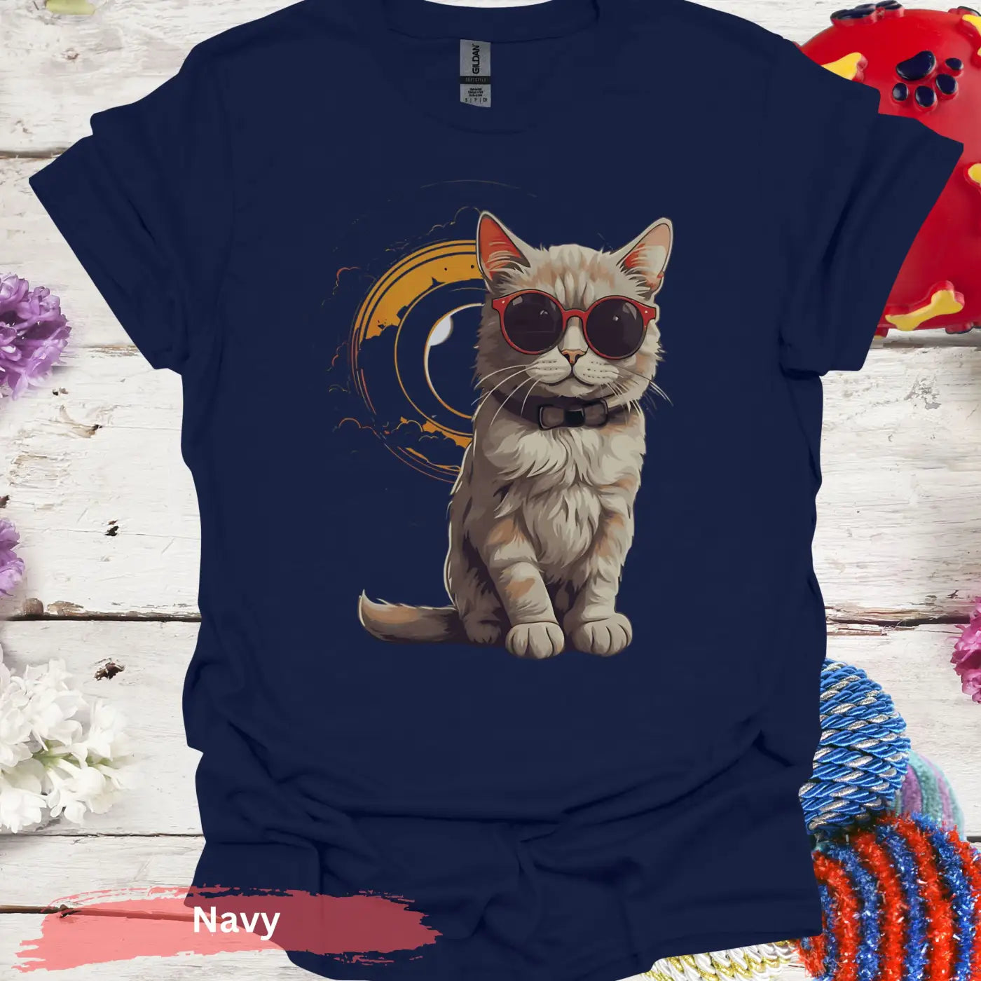 Cat Solar Eclipse T-shirt - S / Navy - Physical Item