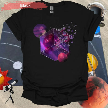 Cosmic Cube Galaxy Design 3D Art T-shirt - S / Black - Physical Item