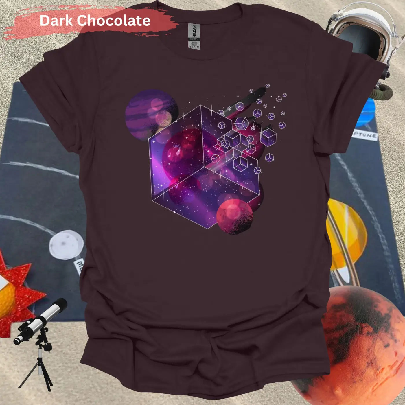 Cosmic Cube Galaxy Design 3D Art T-shirt - S / Dark Chocolate - Physical Item