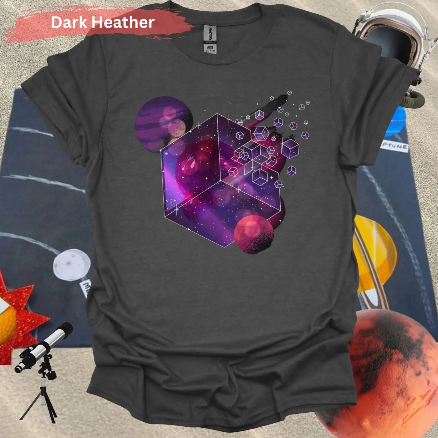 Cosmic Cube Galaxy Design 3D Art T-shirt - S / Dark Heather - Physical Item