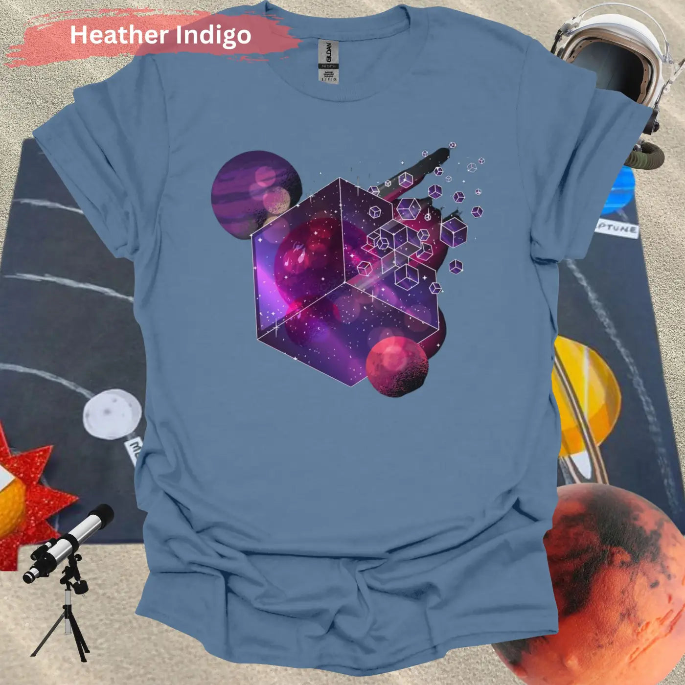 Cosmic Cube Galaxy Design 3D Art T-shirt - S / Heather Indigo - Physical Item