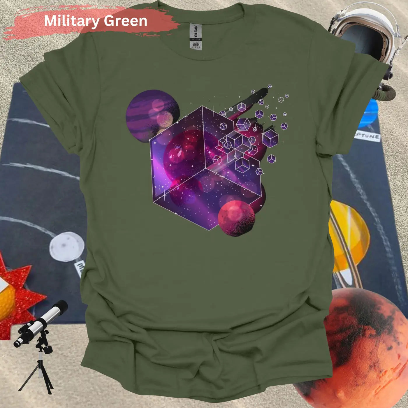 Cosmic Cube Galaxy Design 3D Art T-shirt - S / Military Green - Physical Item