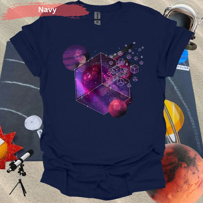 Cosmic Cube Galaxy Design 3D Art T-shirt - S / Navy - Physical Item