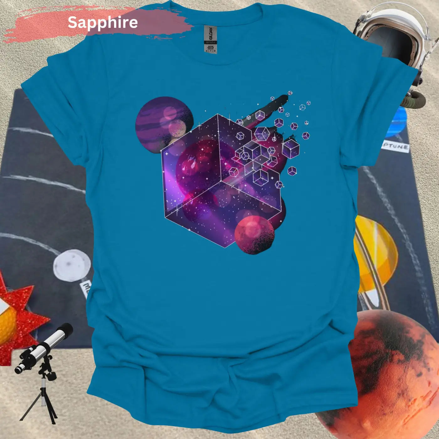 Cosmic Cube Galaxy Design 3D Art T-shirt - S / Sapphire - Physical Item