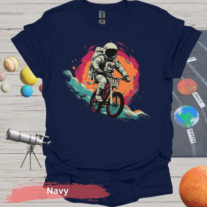 Cosmic Cyclist: Astronaut Biking Adventure T-Shirt - S - Unisex / Navy - Physical Item