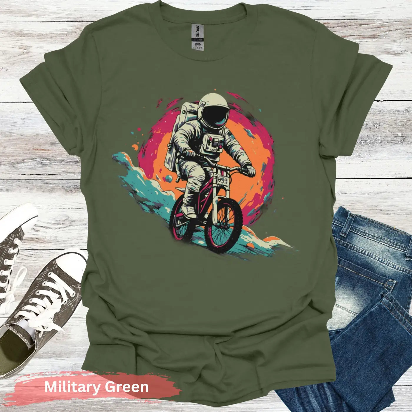 Cosmic Cyclist T-Shirt - S - Unisex / Military Green - Physical Item