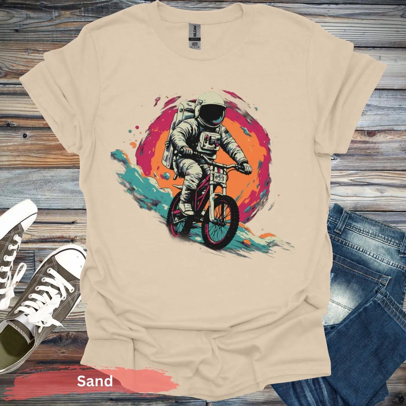 Cosmic Cyclist T-Shirt - S - Unisex / Sand - Physical Item