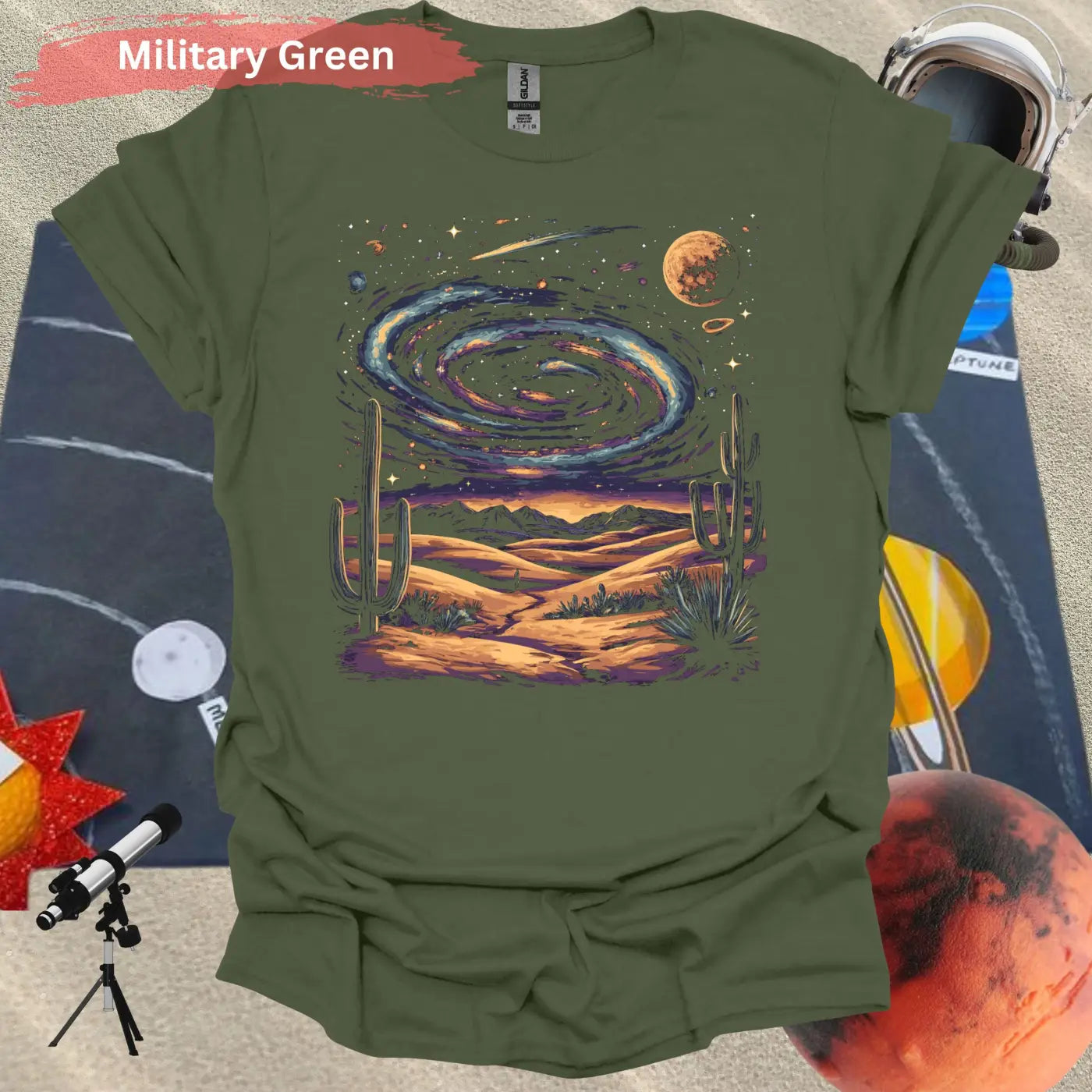 Cosmic Desert Landscape T-Shirt - S / Military Green - Physical Item