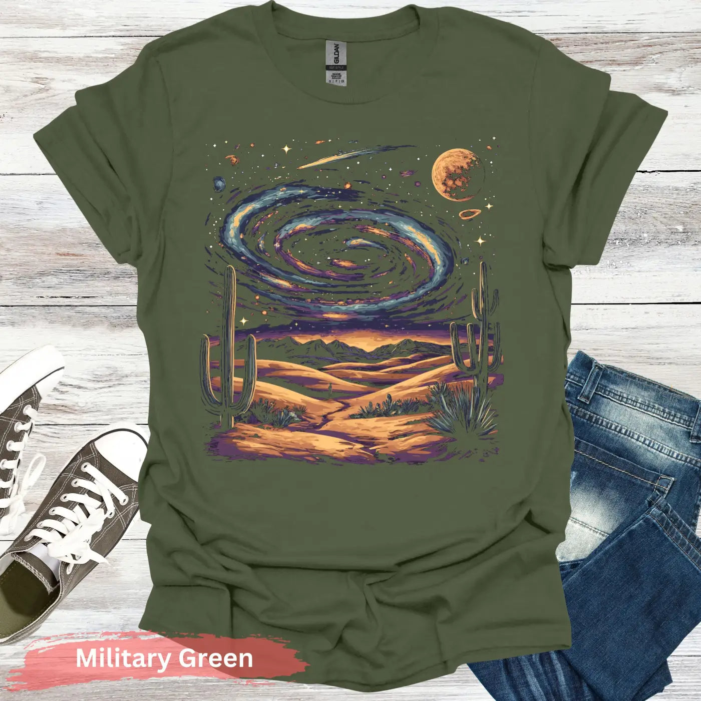 Cosmic Desert Landscape T-Shirt - S / Military Green - Physical Item