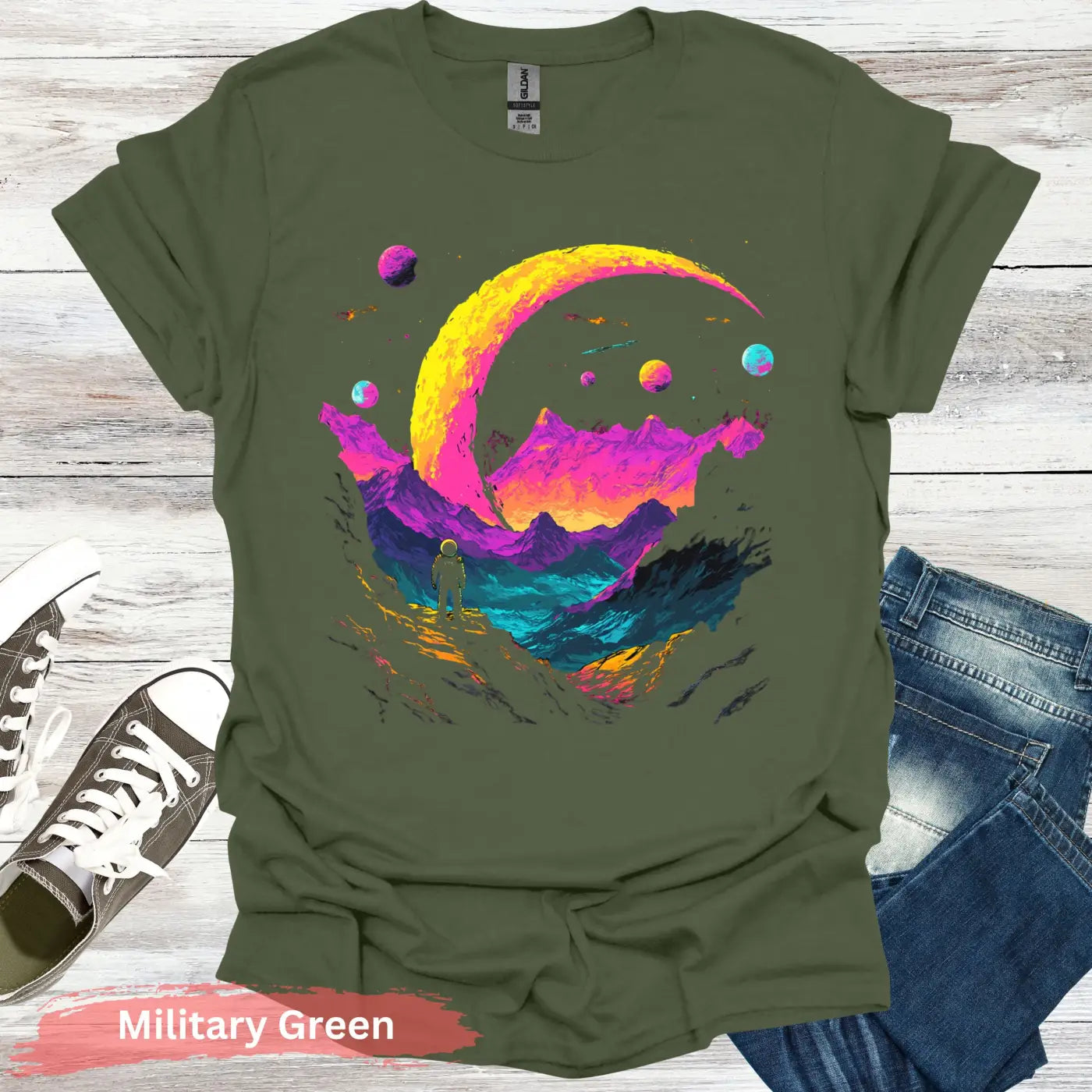 Cosmic Explorer T-shirt - S / Military Green - Physical Item