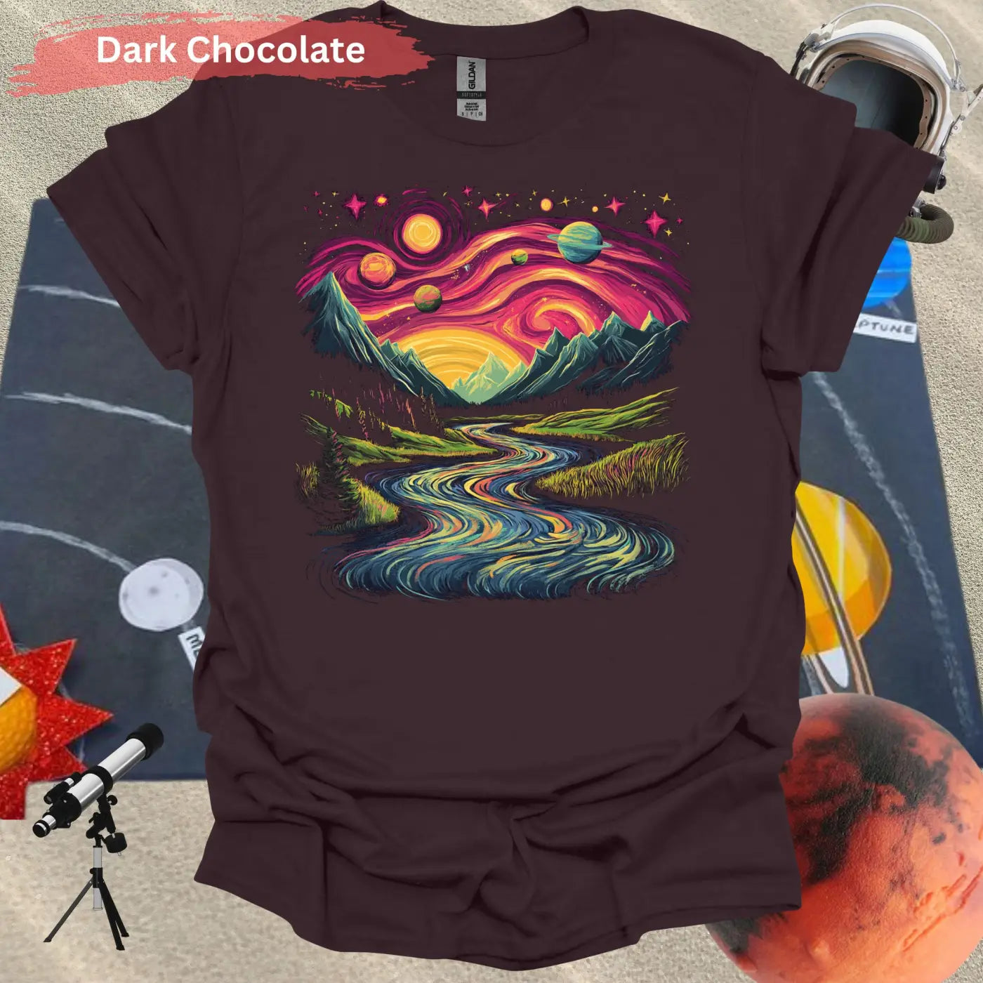 Cosmic Mountain Landscape T-Shirt - S / Dark Chocolate - Physical Item