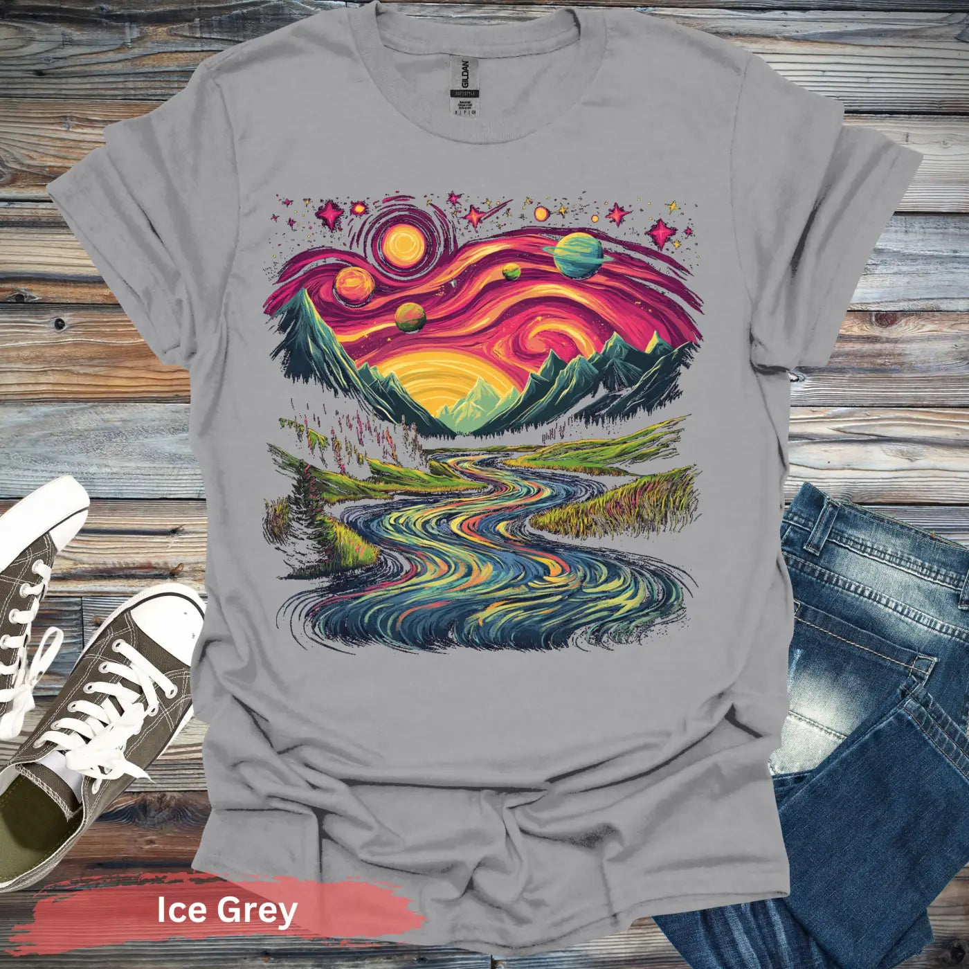 Cosmic Mountain Landscape T-Shirt - S / Ice Grey - Physical Item
