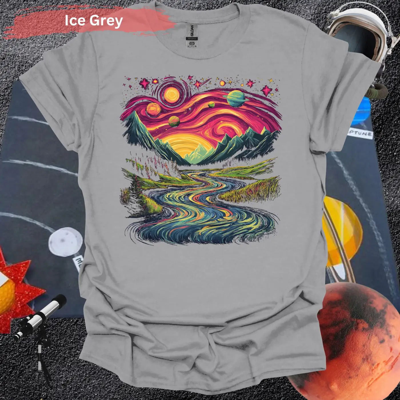 Cosmic Mountain Landscape T-Shirt - S / Ice Grey - Physical Item