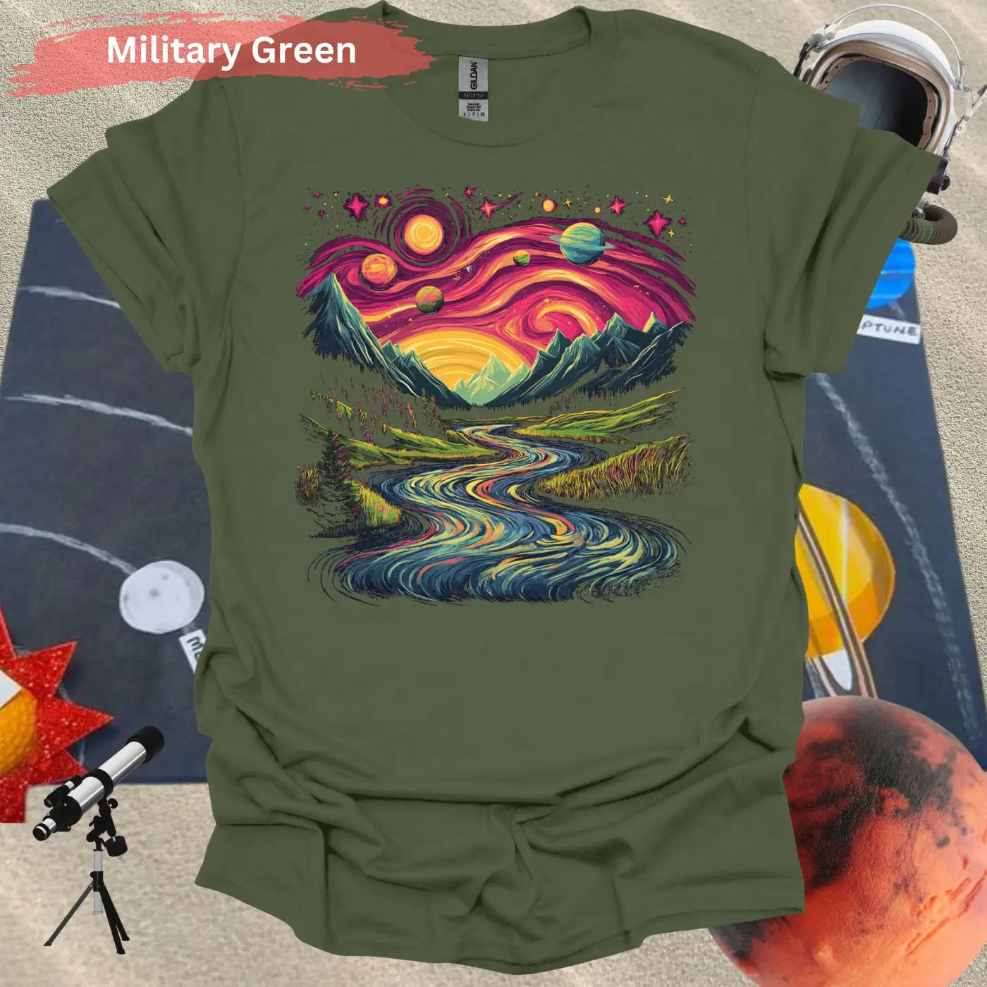 Cosmic Mountain Landscape T-Shirt - S / Military Green - Physical Item